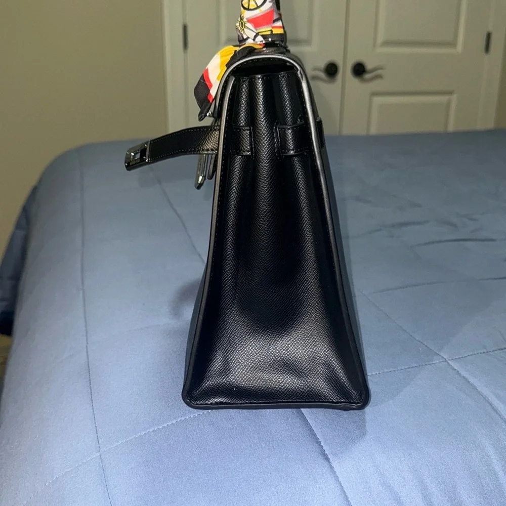 Black Structured Handbag with Colorful Scarf Accents - Picture 6 of 13